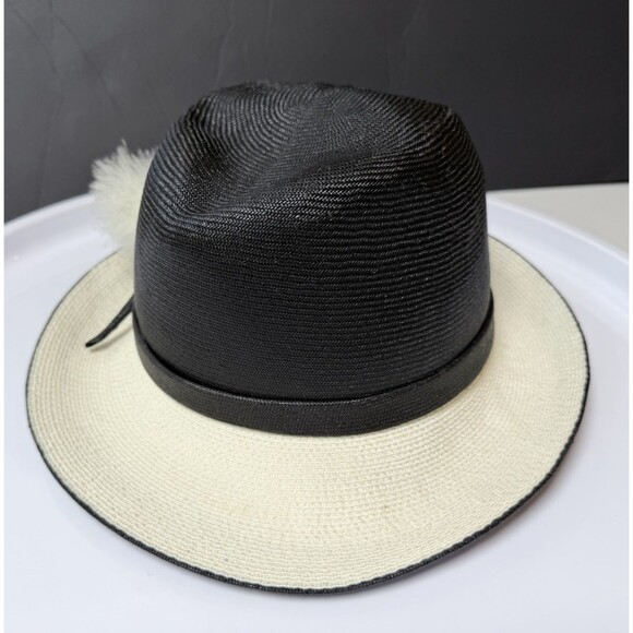 Vintage Mr John Classic Hat Black Ivory Straw Fedora delicate Pom Pom NY Paris main image 9